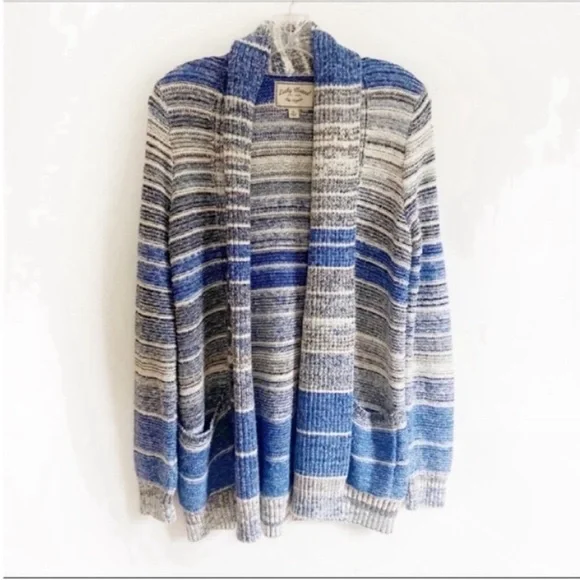 Lucky Brand cardigan blue and white striped knit sweater open front - Picture 2 of 8